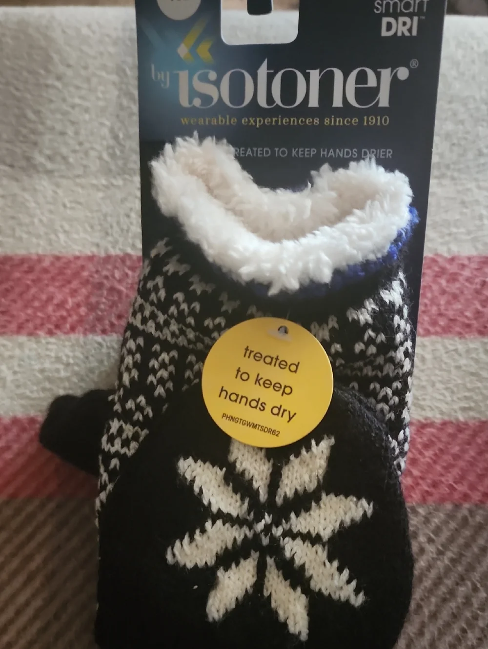 Isotoner Black and White Snowflake Knit Mittens with Faux Fur Cuff - Picture 3 of 3